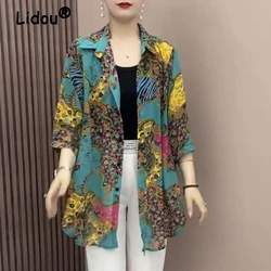 Women's Vintage Ethnic Style Button Cardigan Shirt Fashion Print Long Sleeve Oversized Blouse Ladies Casual Irregular Tunic Tops