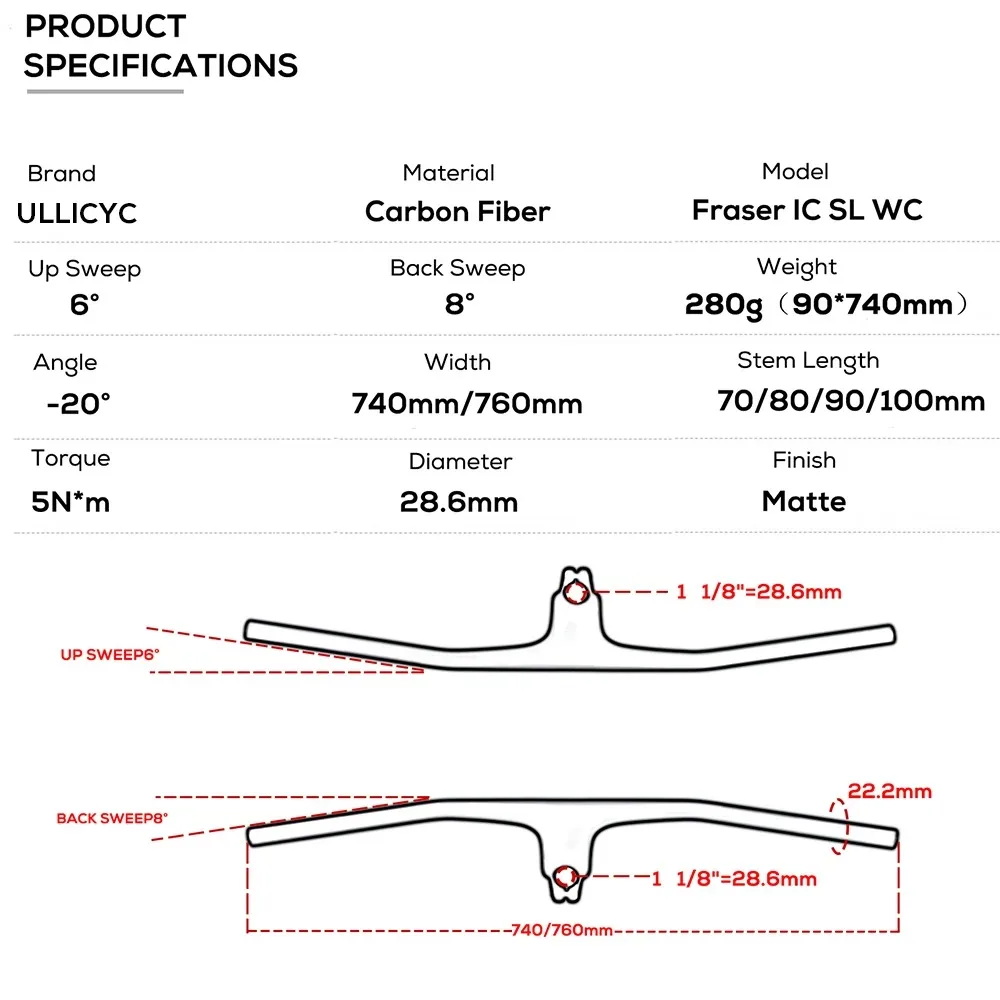 Syncros Full Carbon IC SL WC 740-780mm MTB Integrated Cockpit Handlebar -20° BMX Racing Bike UD Matte Bike Handle Bars