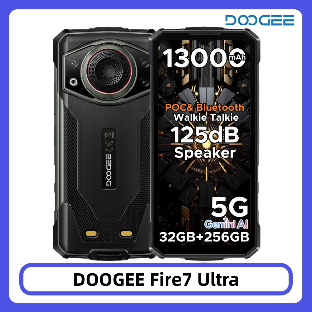 Téléphone robuste DOOGEE Fire 7 Ultra 5G, processeur Dimensity 6300, batterie 13000 mAh, 32 Go/256 Go, haut-parleur 125 dB, talkie-walkie, 64 MP, NFC, smartphone