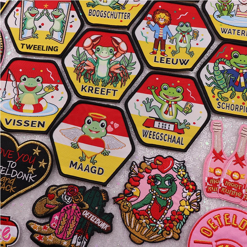 Карнавальные тканые нашивки в Нидерландах, значки в виде лягушки, железные нашивки для одежды, двенадцать знаков зодиака Maagd/Vissen, наклейка «сделай сам» Карнавальные тканые нашивки в Нидерландах, значки в виде лягушки, железные нашивки для одежды, двенадцать знаков зодиака Maagd/Vissen, наклейка «сделай сам»