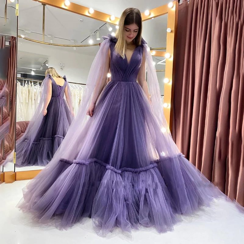 Purple A Line Prom Dresses Pleat Tiered Draped Formal Party Gown with Cape Bow Tie Strap Puffy Vestidos De Novia