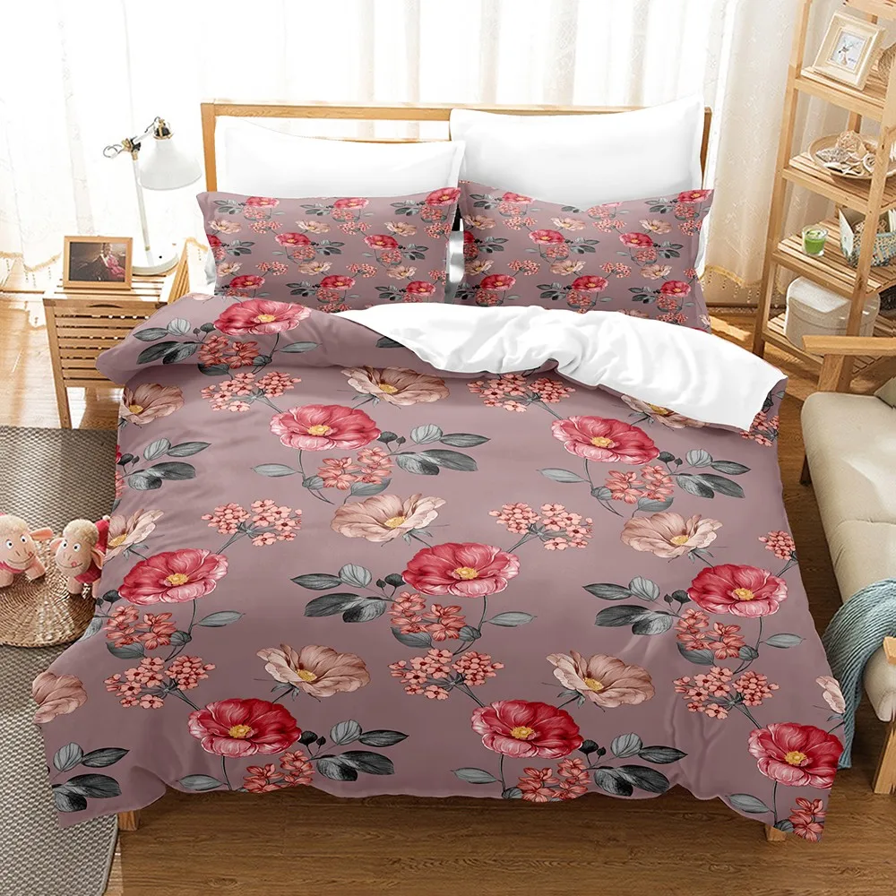 Dusty Rose Floral Duvet Cover Set 3Pcs Red Flower Print Bedding 2 Pillowcases No Comforter Breathable All Sizes Bedroom Decor