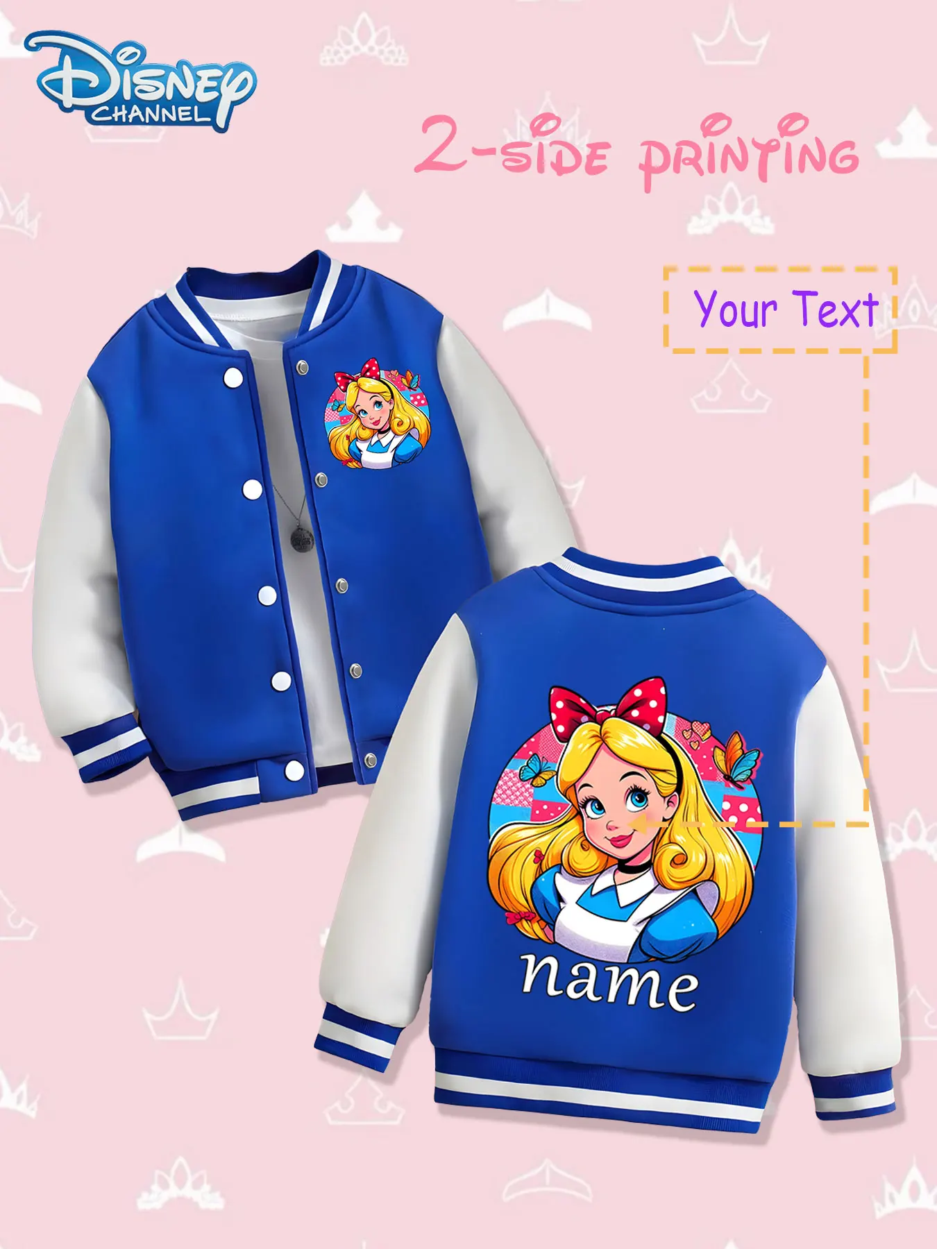 سترة بيسبول للأطفال من MINISO Disney Alice Fantasy - تم تقديم صورة أليس اللطيفة على كلا الجانبين، بخلفية حمراء #6