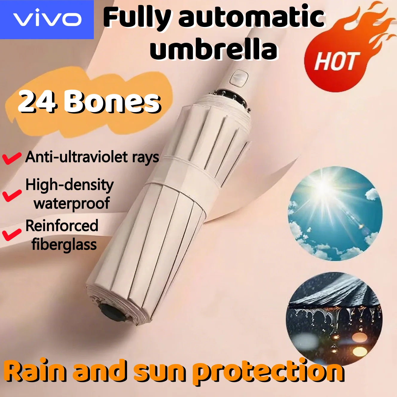 

VIVO SPF 50, защита от ультрафиолета, черный клей, 24 кости, складной, полностью автоматический, устойчивый к дождю, сильный, устойчивый к ветру, утолщенный зонт