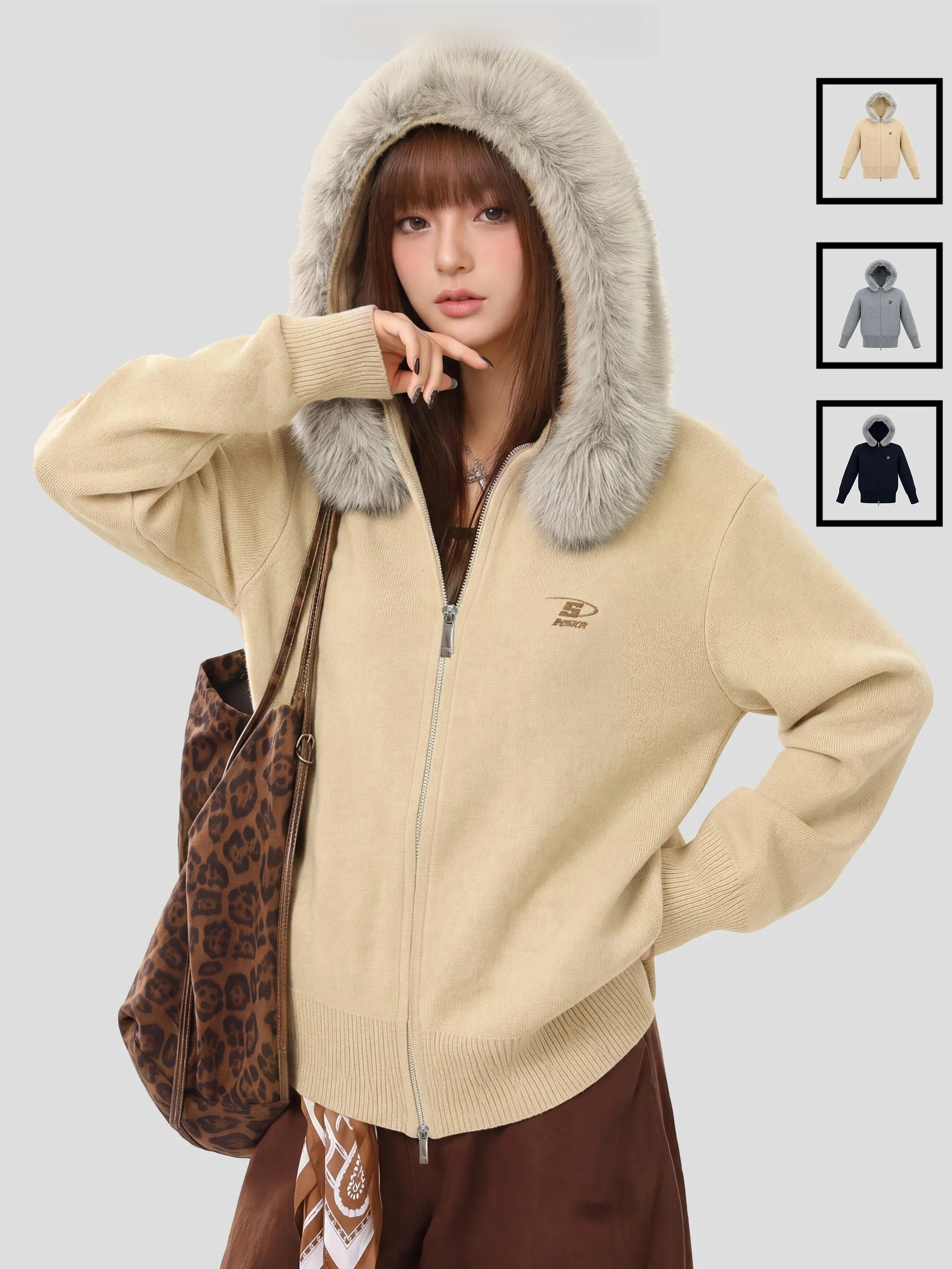 INSstudios Soft Cozy American Style Knitted Hat Sweater with Fur Collar Autumn Winter Warm Outerwear Casual Loose Fit Unisex