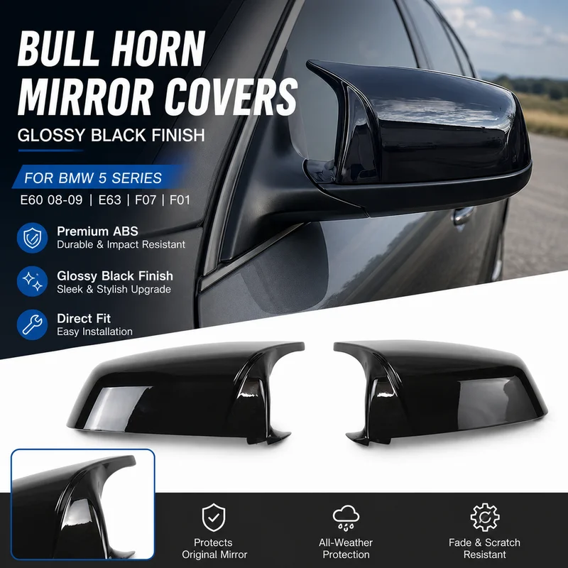 For BMW 5 Series E60 08-09 Late Mirror Housing E63 F07 F01 Glossy Black Bull Horn Style Modified Rearview Mirror Cover