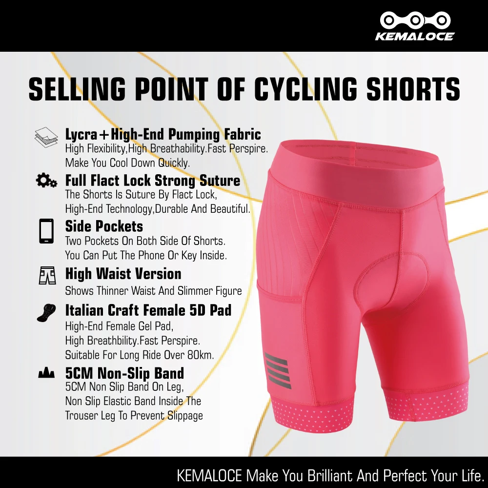 KEMALOCE Women Cycling Shorts 2024 Pink&Black Breathable Summer Bicycle Shorts Female 5D Gel Pad Pocket Lady Bike Shorts