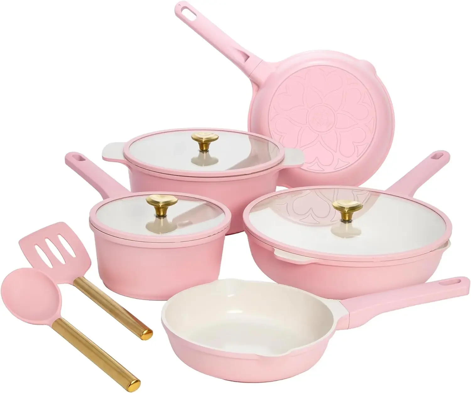 Paris Hilton Ceramic Nonstick Cookware Set, Cast Aluminum with Dual Layer Nonstick Coating, Gold Heart Knobs, Stay-Cool Handles,