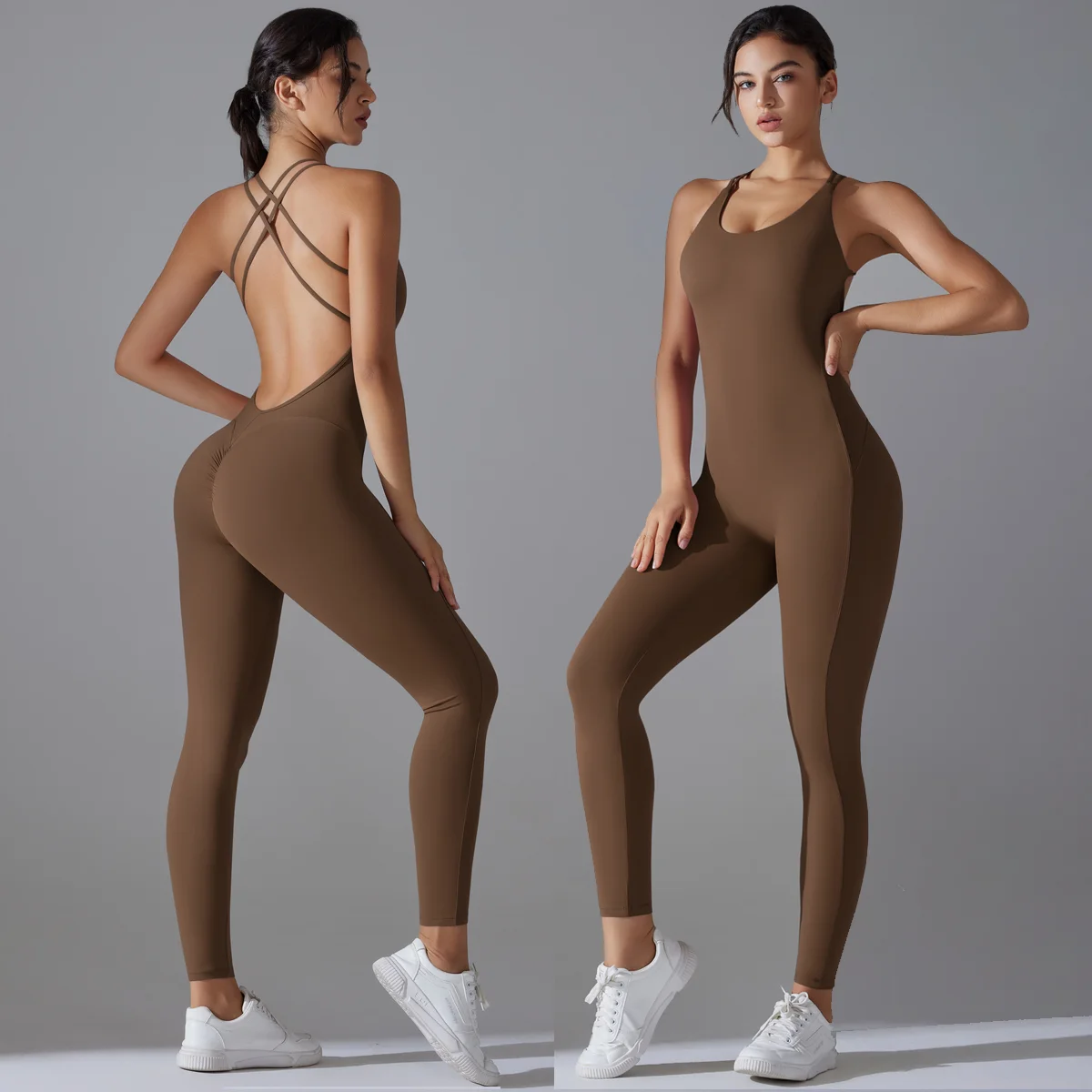 Sexy Backless Bodycon Scrunch Jumpsuit Raises Butt Women Dance Fitness Overalls Push Up Sleeveless Yoga Sport Jump Suit