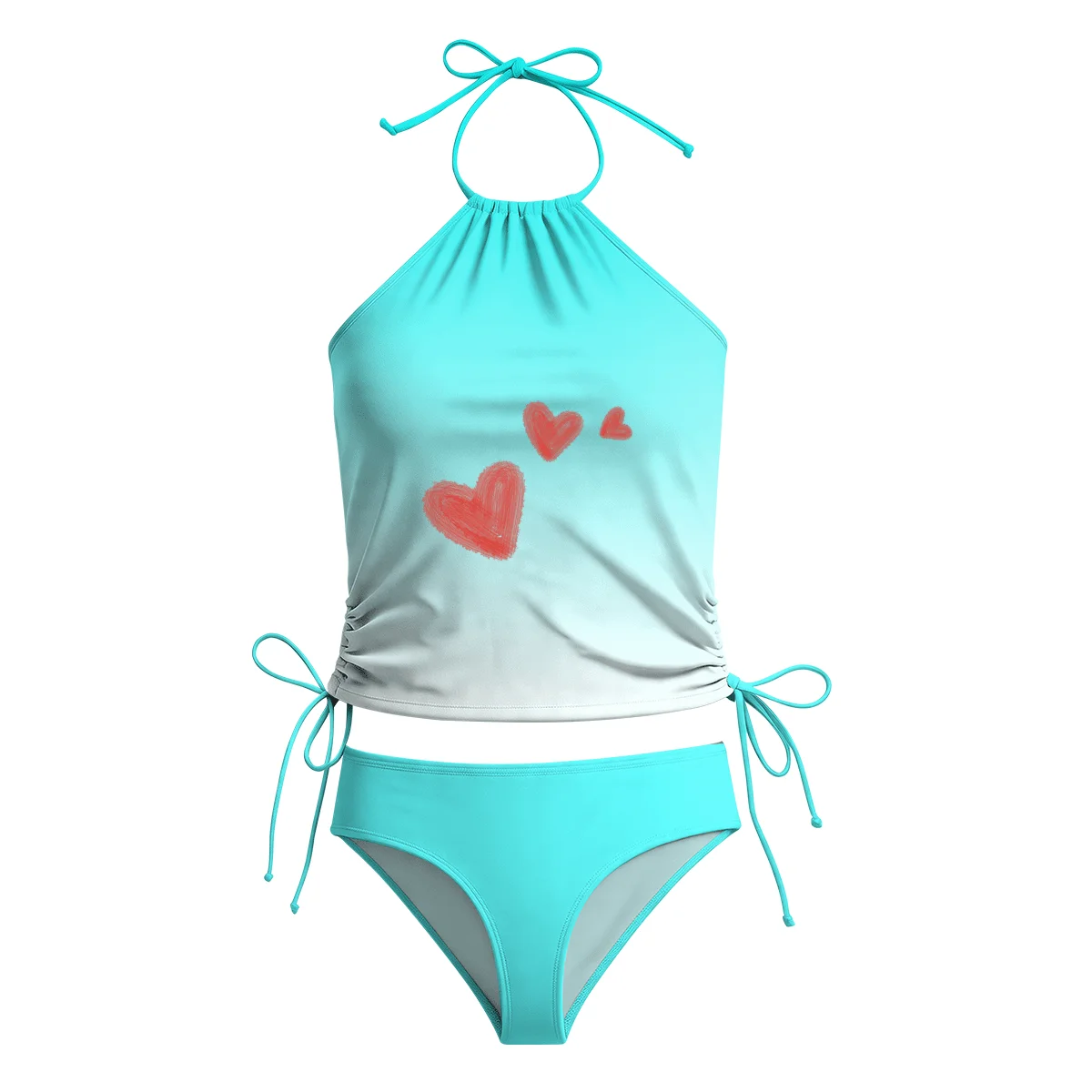 

Womens Halter Neck Crop Tankini With Heart Print And Drawstring Detail