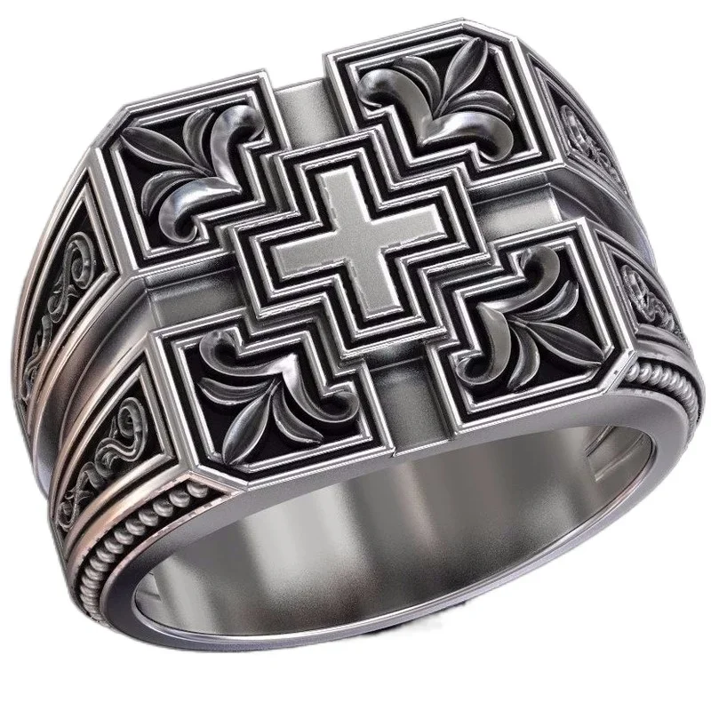 

Luxury Gold Plated Cross Engraved Christian Men's Ring Trendy Vintage Gothic Wedding Band Stylish Mens Jewelry Accessory