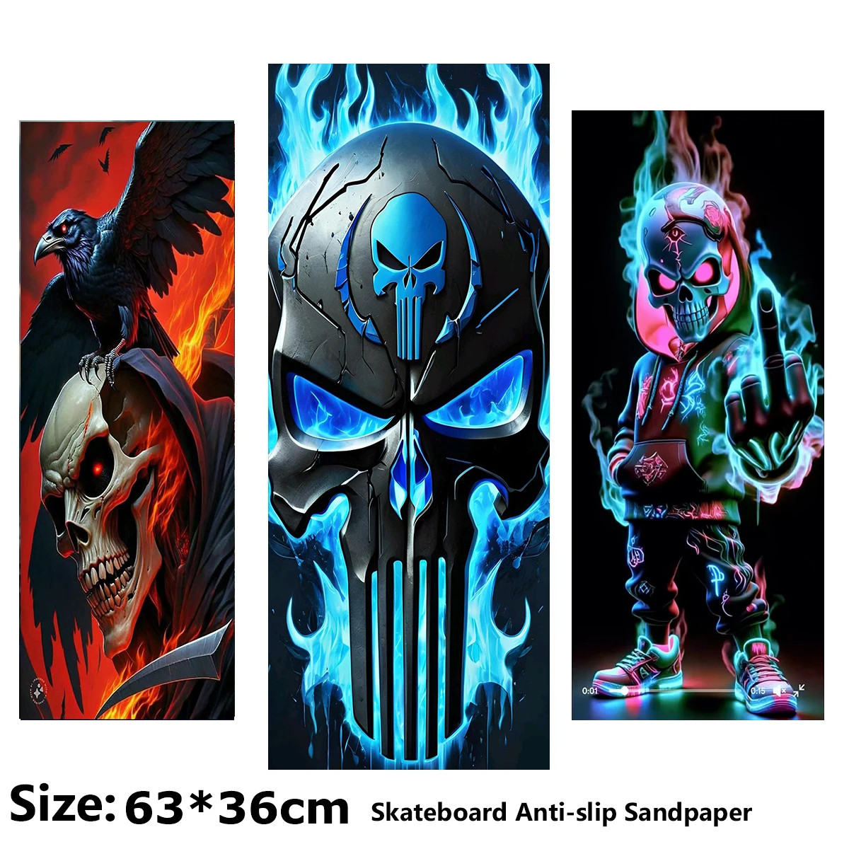 

Blue Flame Skull Pattern Electric Scooter Anti-slip Sticker Sandpaper Skateboard Grip Tape Sheet 63*36cm