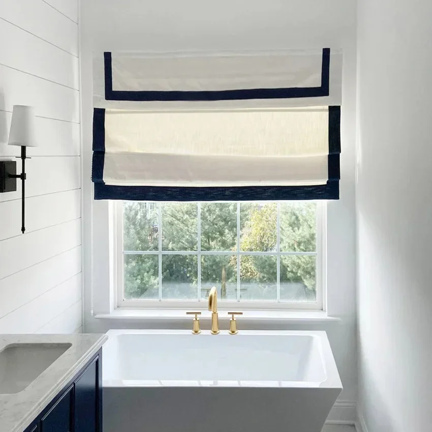 Modern Motorized White Fabric With Black Trim Flat Roman Shades Customized Roman Blinds With Installation Included