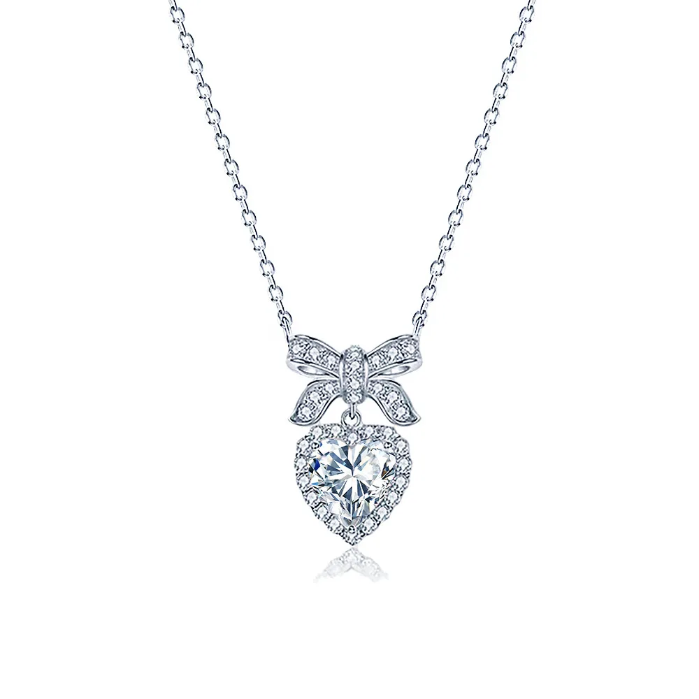 

1CT D Color Moissanite Heart & Bow Pendant Choker Necklace in S925 Sterling Silver Plated White Gold