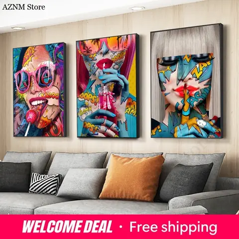 Modern Pop Graffiti Abstract Wall Art Cool Girls Eating Lollipops