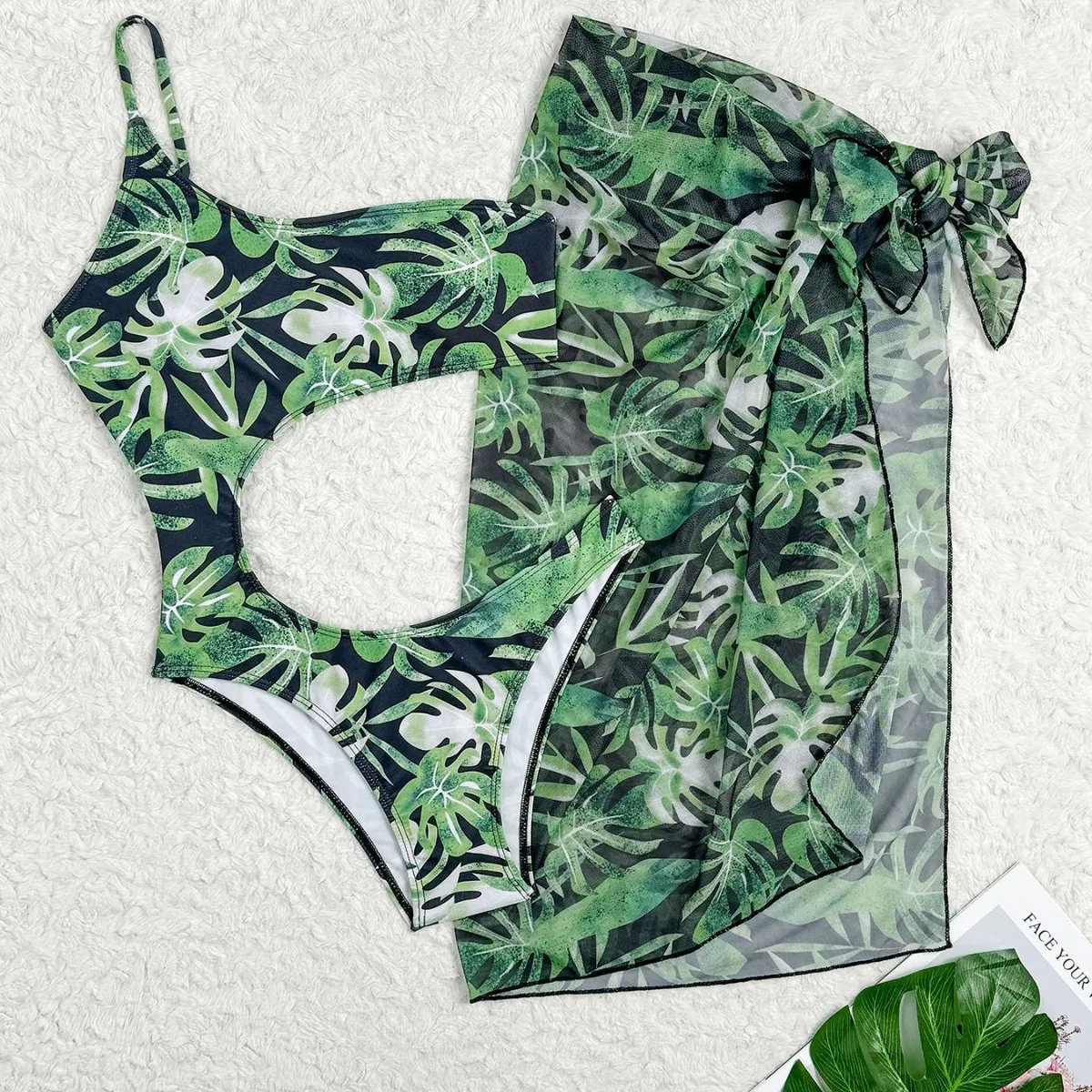 

One Piece Swimsuit with Cover Up Sexy Floral Print Swimwear Women One Shoulder Cut Out Swim Suits Bathsuit Bodysuit Beachwear