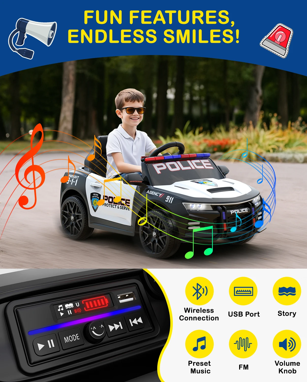 LIGIANT 12V enfants monter sur voiture de police avec télécommande, suspension 4 roues, sirène, lumières clignotantes, musique, AUX, sans fil