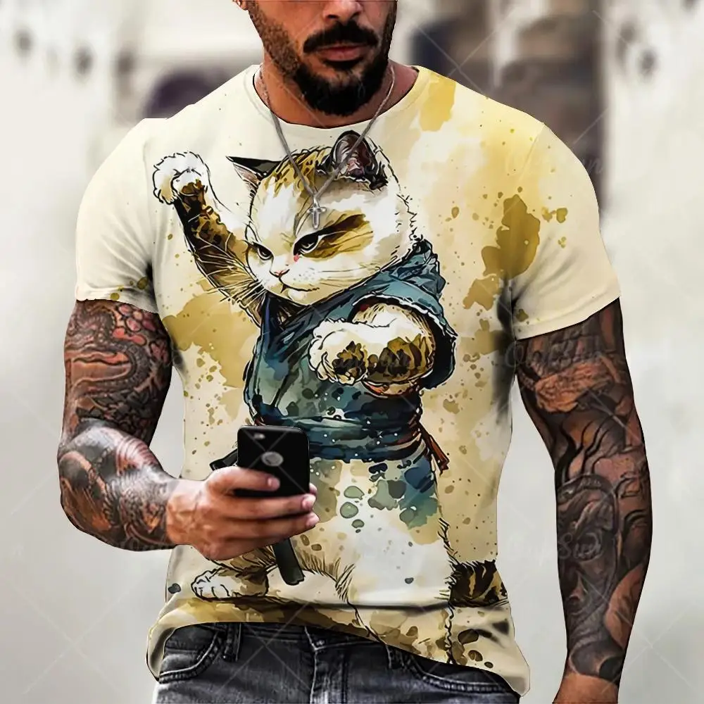 Japan Culture Warrior Kitten 3D Graphic T‑Shirt Unisex Crew‑Neck Short‑Sleeve Loose Fit Summer Street Tops