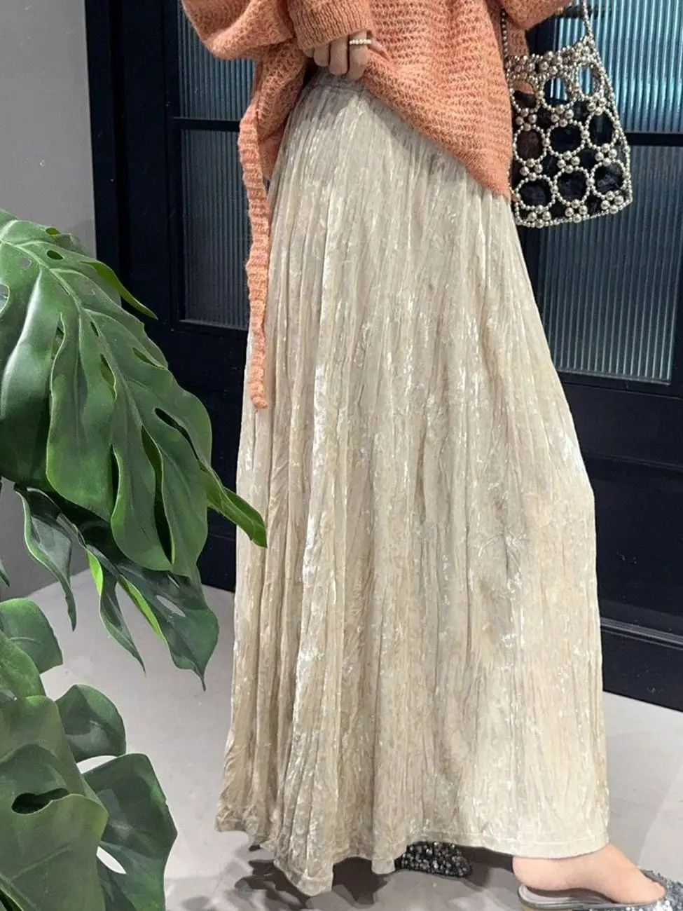 Retro Textured Gold Velvet Asymmetrical Skirt Women's Autumn Winter Mid-Length Slimming Maxi A-Line Pleated Long Skirt