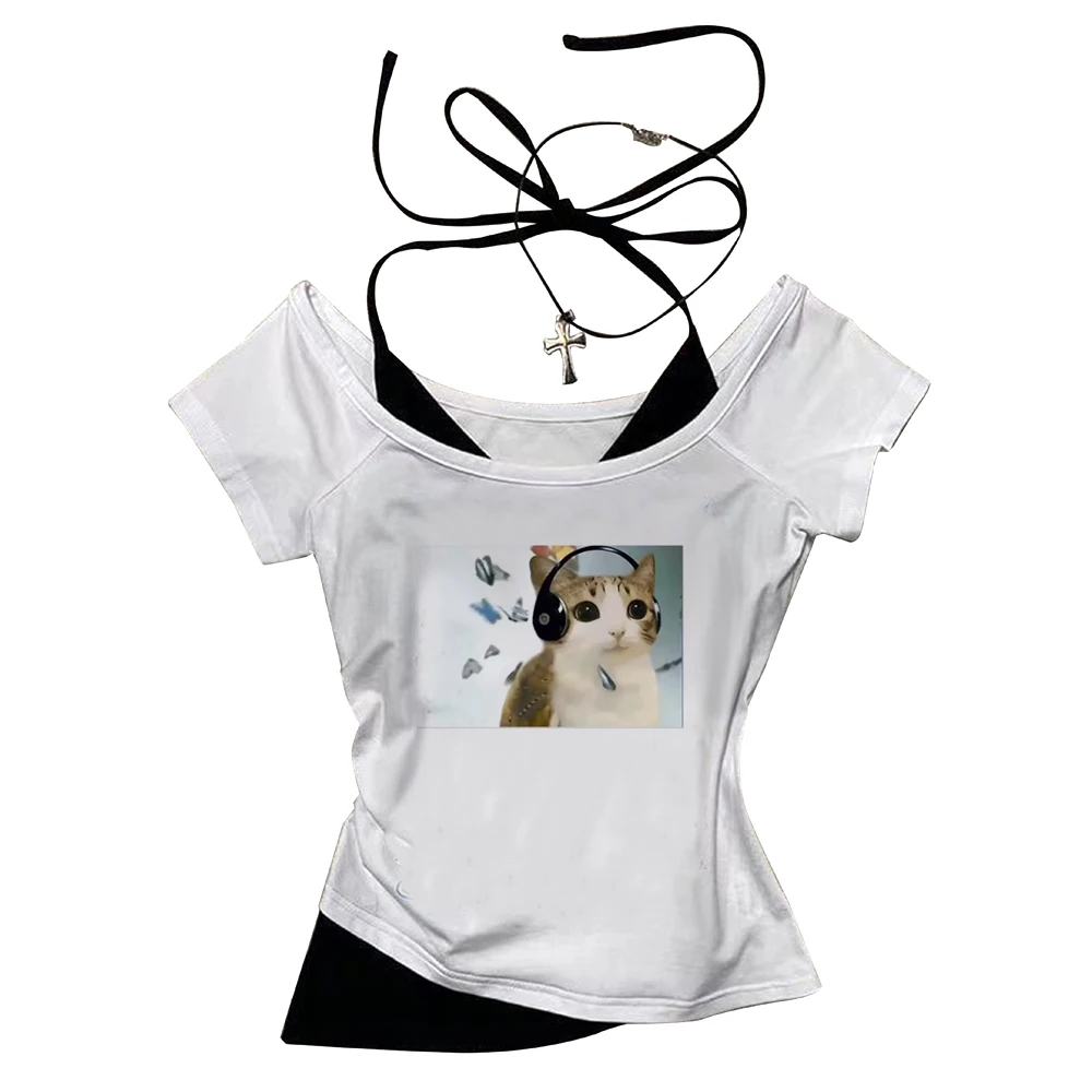 Meowl Crop Top Teen Anime Party Cute Jojifuku Ausverkauf T-Shirt Vintage Sommer Goth Grunge – Detail 4