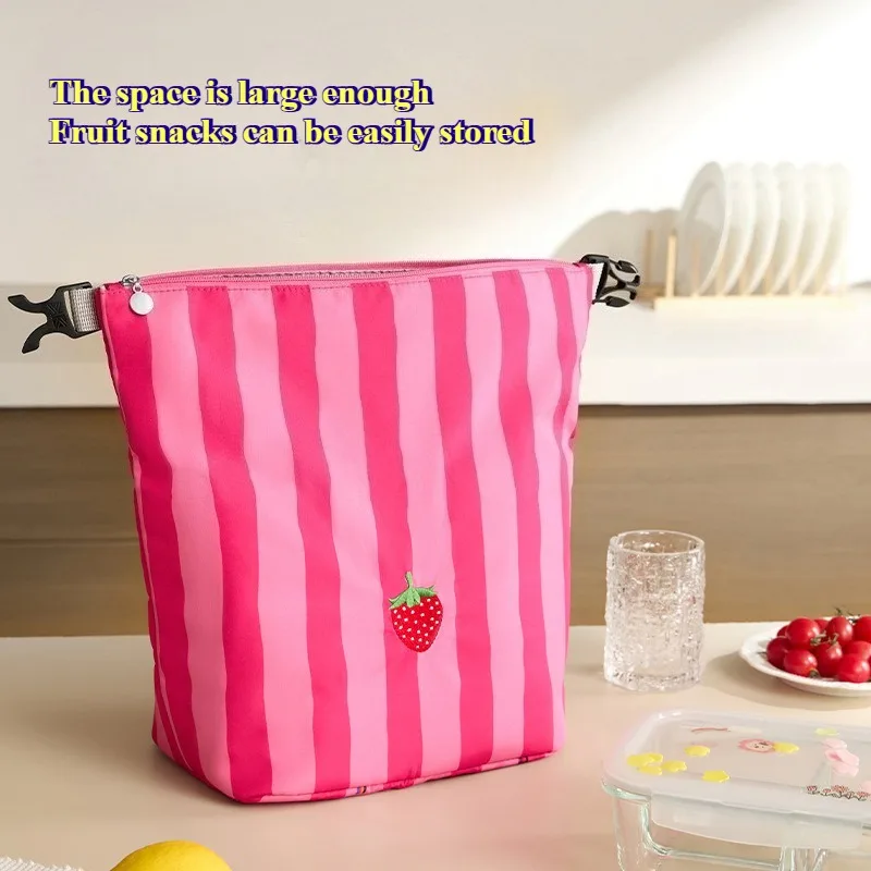 Pink Stripe Roll Top Lunch Bag Large Capacity Cooler Pouch with Buckle, Reusable Food Storage Tote for Shopping Picnic Beach Day