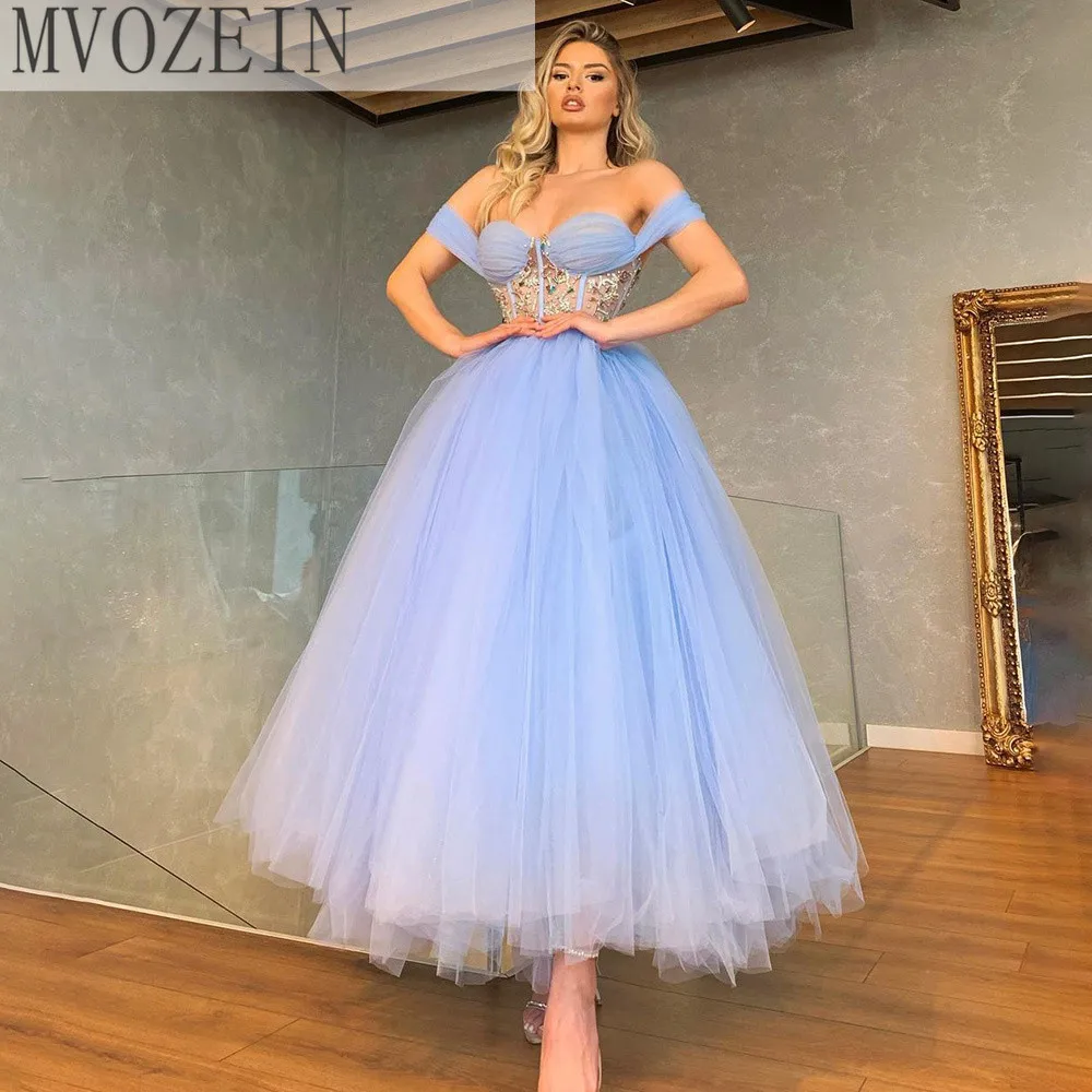 

Mvozein Sky Blue Ankle Length Evening Dresses Vintage Crystal Beaded Prom Dress Off The Shoulder Sweetheart Backless Party Gown