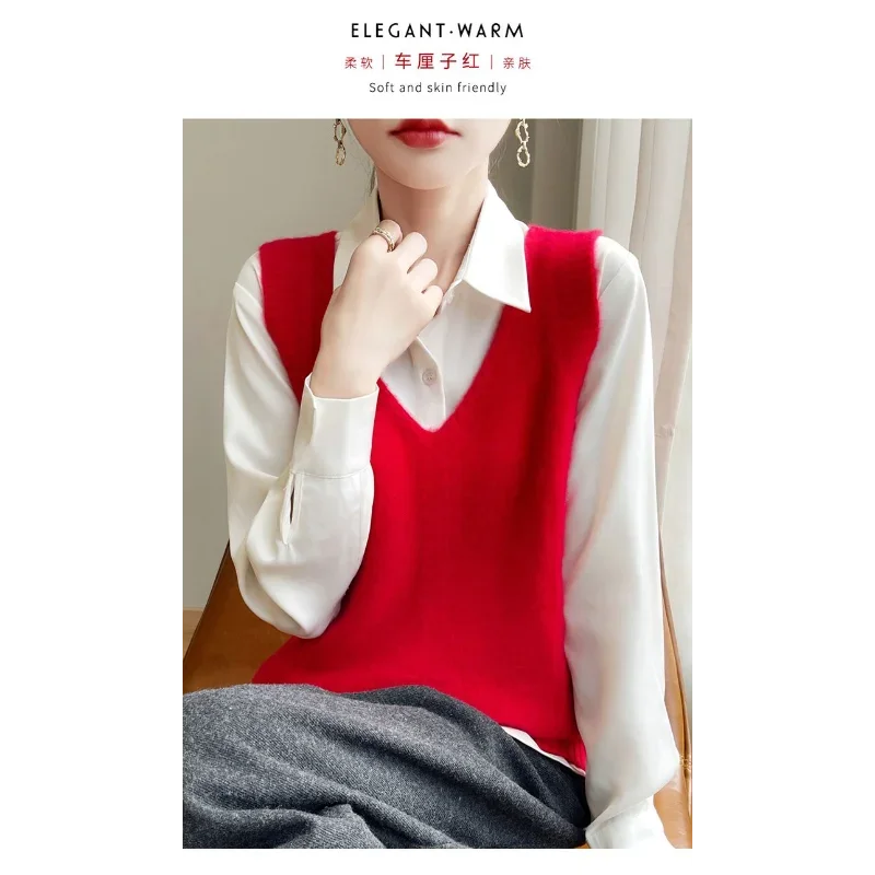 เสื้อกั๊กแขนกุดผู้หญิงแบบใหม่ คอวี แฟชั่น สีพื้น เรียบง่าย สวมใส่สบาย ทรงหลวม