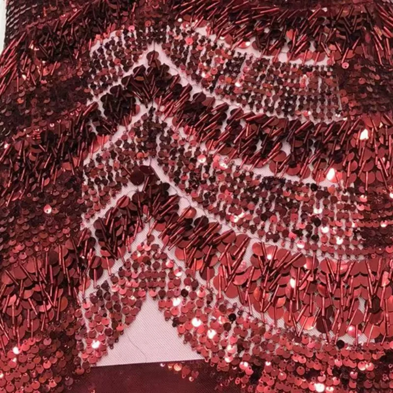 

Latest Wine Red High Quality Sequin Beaded Fabric Embroidery Lace Fabric Mesh For Sewing High-end Wedding Party dresses