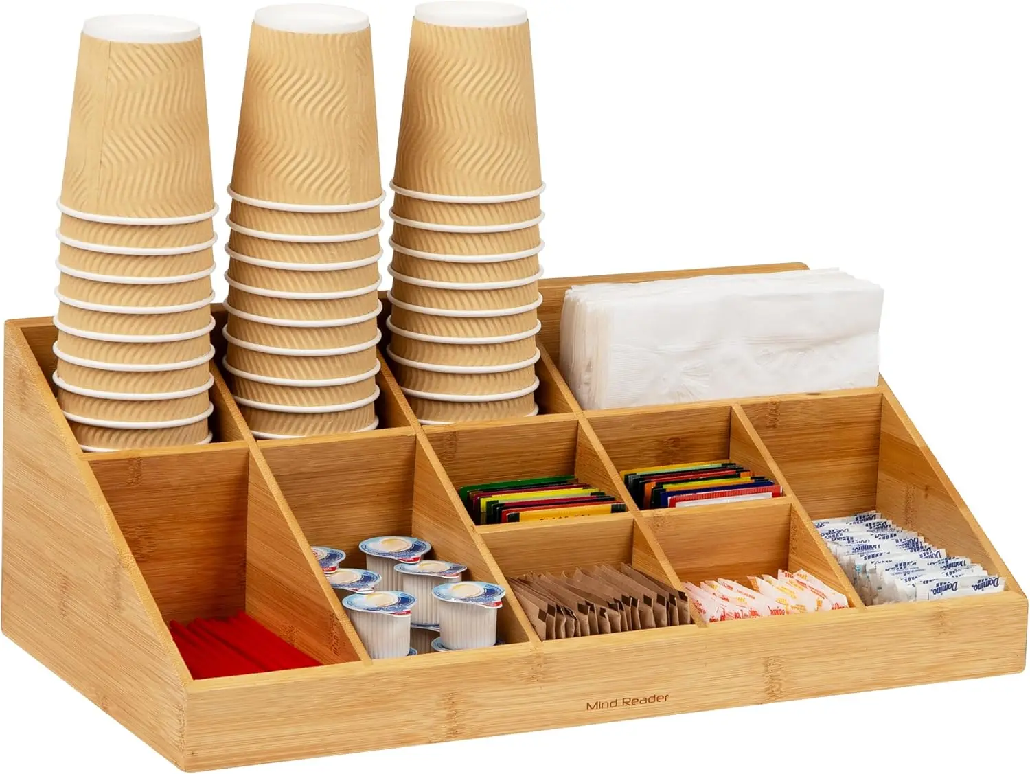 

Bamboo Cup & Condiment Organizer, 11-Compartment Countertop Caddy, 18"L x 9.5"W x 6.5"H, Brown