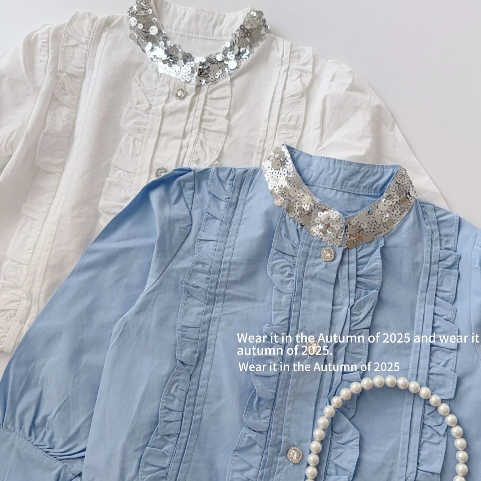

Girls Shirt 2025 Autumn New Childrens Clothing Korean Style Girl Baby Retro Style Sequin Stand Collar Long-sleeved Shirt Casual