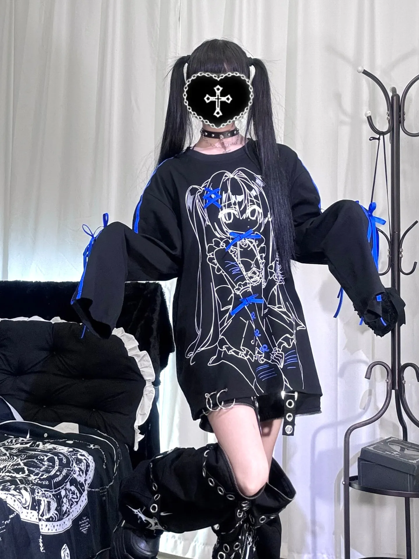 Original Design Subculture Anime Curtily Cute Printed T-shirt Long Sleeve Black Purple Loose Casual Long Sleeve Blouse Women