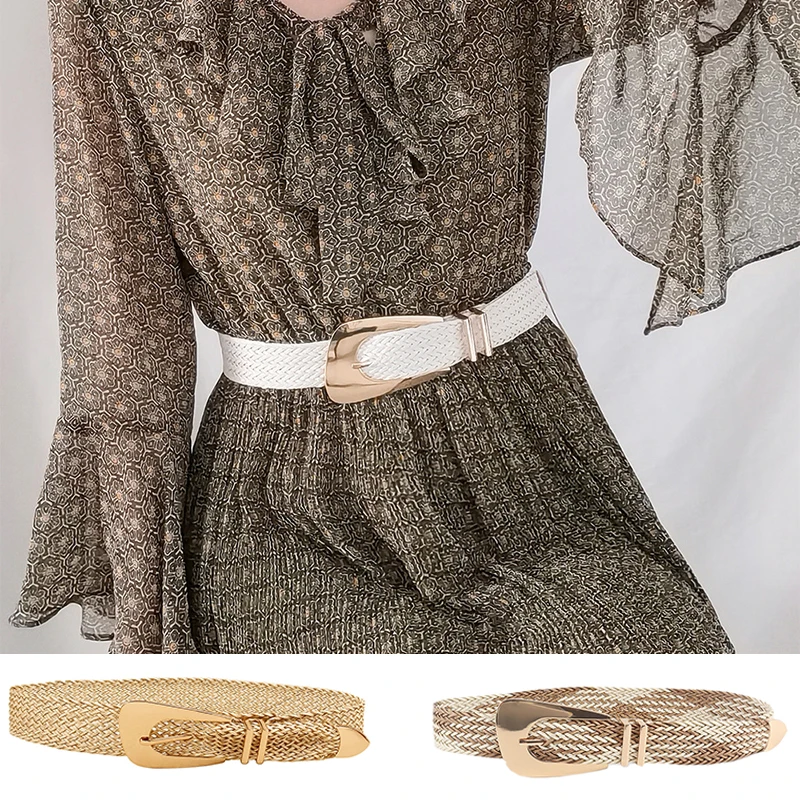 

Straw Weave Braided Belt Gold Buckle Wide Waist Belt Dress Shirt Decorative Waistband Linen Woven PP Straw Girdle Women Belt