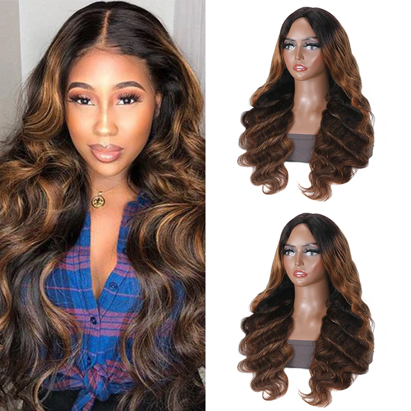 

Julia Hair Highlight Brown Color Glueless Wigs 14-26inch Brazilian V Part Body Wave Wig Human Hair Ombre Brown No Leave Out Wig