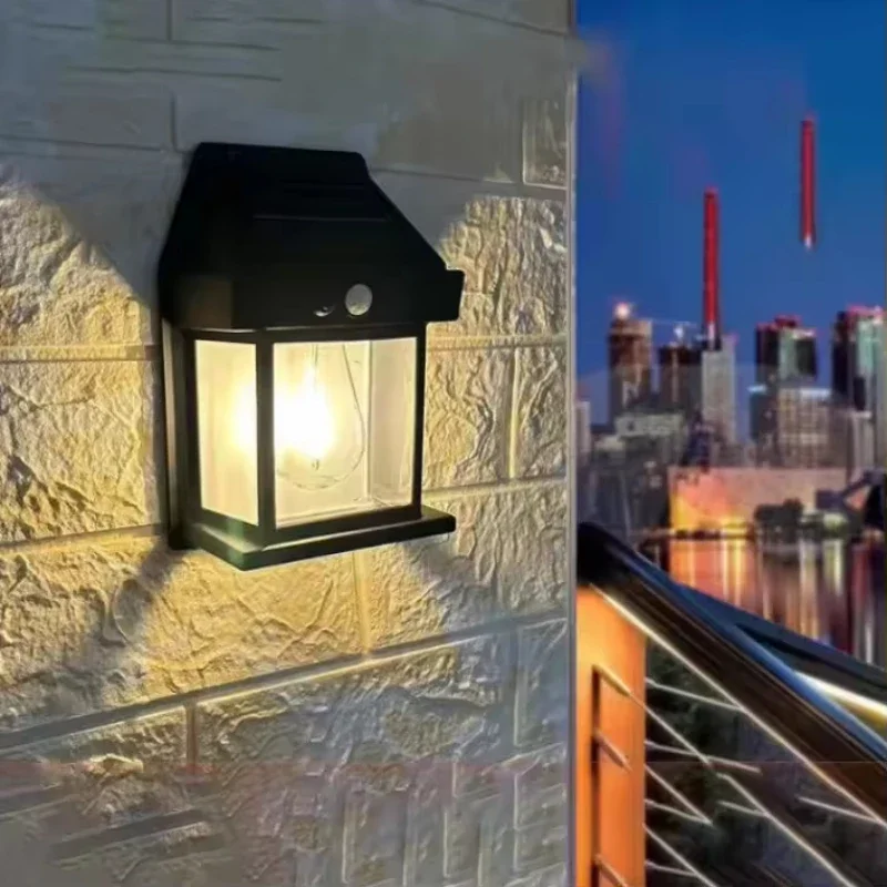 Outdoor LED Motion Sensor Solar Wall Light Tungsten Bulb Energy Efficient Garden Porch Lantern Lighting Lamp for Home Security