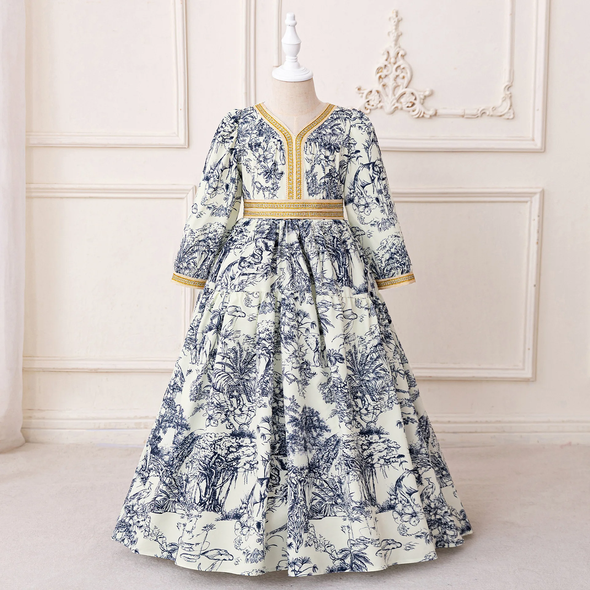 Arab Tradition Eid Party Child Costumes Muslim Ramadan Party Dress for Girls Casual Prayers Flower Kid Dresses Birthday Robe
