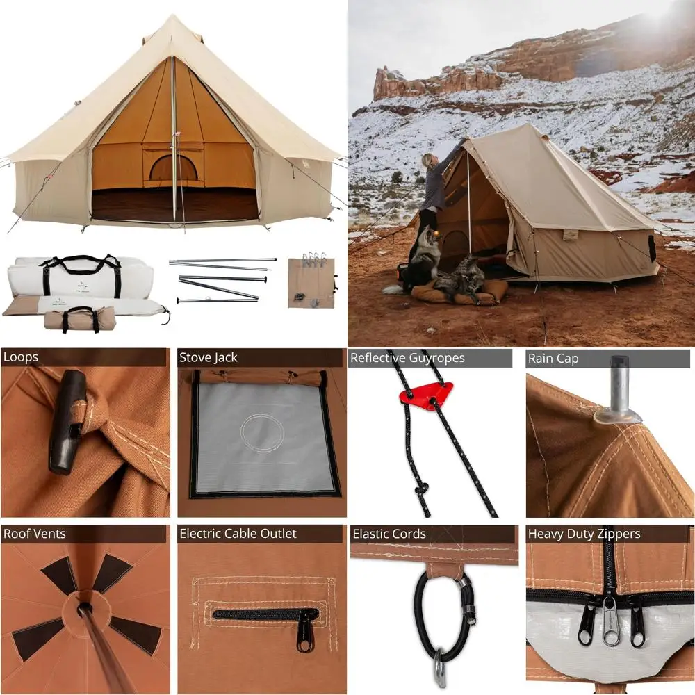 خيمة جرس قماشية فاخرة مقاومة للماء للفصول الأربعة للتخييم والتخييم مع موقد، مناسبة لجميع الأحوال الجوية والمغامرات الخارجية