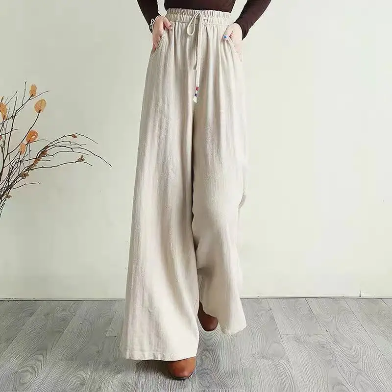 Retro Literary Pure Cotton Wide-leg Pants Spring and Summer New Versatile Drawstring Elastic Waist Loose Slim Casual Trousers