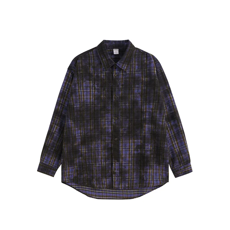 Fashion City Men Loose Clothing Stained Grid Pattern Shirt