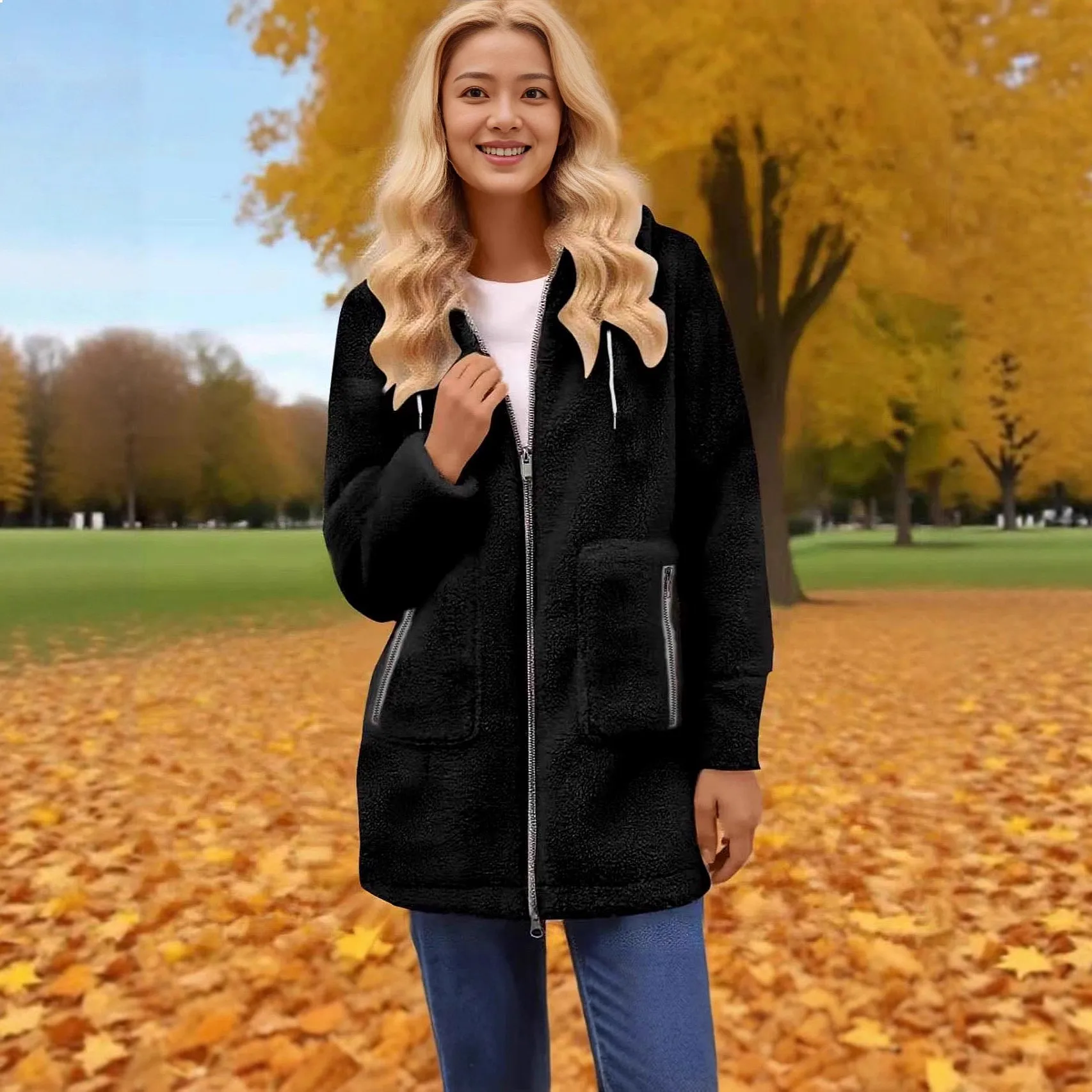 

Women Winter Fleece Jacket Zip Pocket Coats Faux Shearling Outerwear Jackets