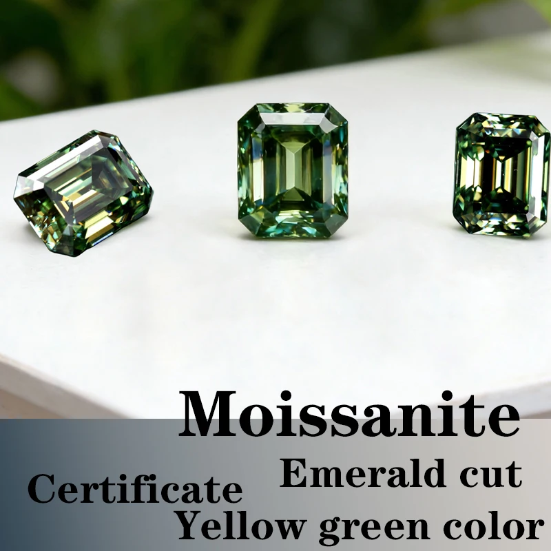

Moissanite Stone VVS1 Emerald Cut Yellow Green Color Certificate Synthetic Gemstone