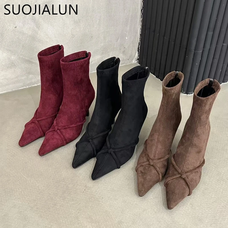 SUOJIALUN New Brand Women New Brand Ankle Boots Thin High Heel Outdoor Dress Pumps Shoes Pointed Toe Ladies Elegant Short Boots