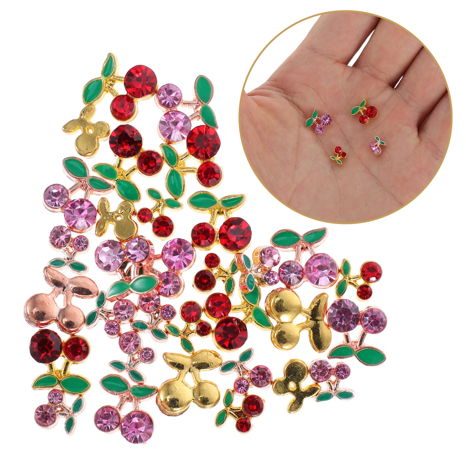 

32Pcs Cherry Nail Charms Women's DIY Nail Art Decor Metal Fruit Shape Studs for Fake Natural Nails Pink Red Rhinestones Set