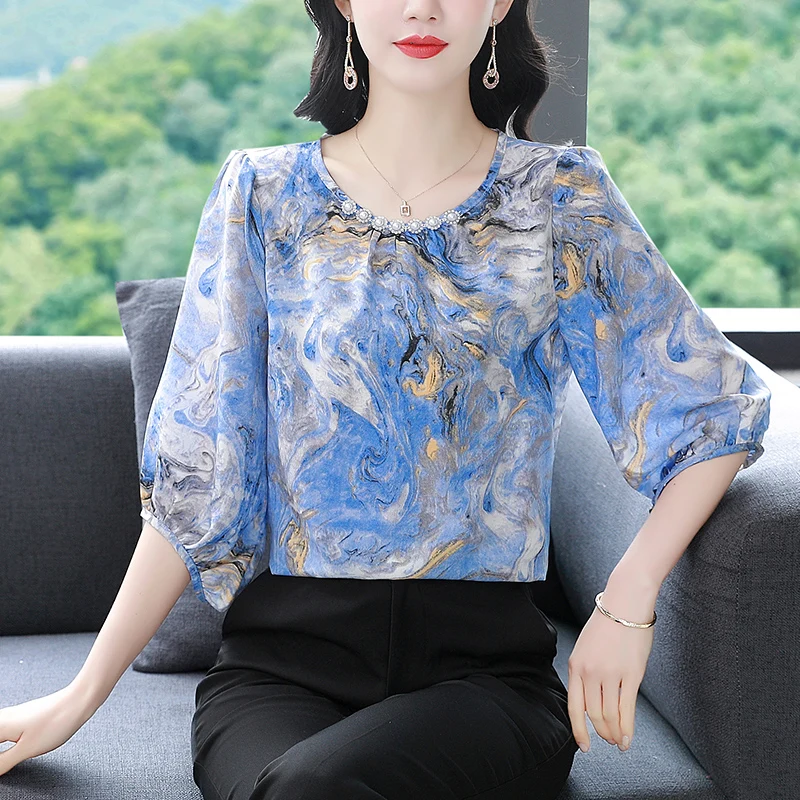 

2025 Summer Silk Chiffon Blouse Round Neck Women's Top 3/4 Sleeve Casual Printed Shirt