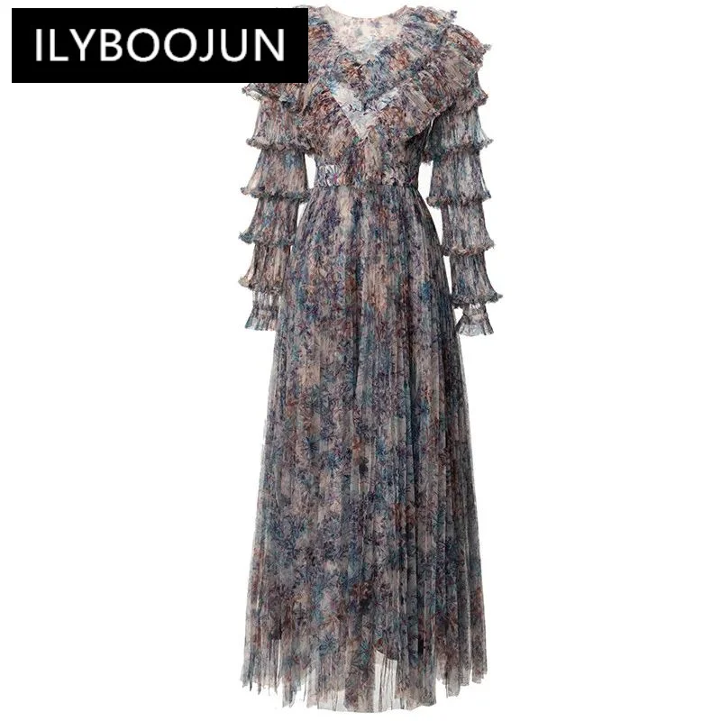 

ILYBOOJUN Fashion Designer Spring Summer Women's O-Neck Ruffles Lace Up Tiered High-End Temperament Dress