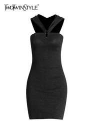 TWOTWINSTYLE temperamento scava fuori abiti per le donne scollo a V con cappuccio senza maniche a vita alta elegante vestito Chic moda femminile nuovo