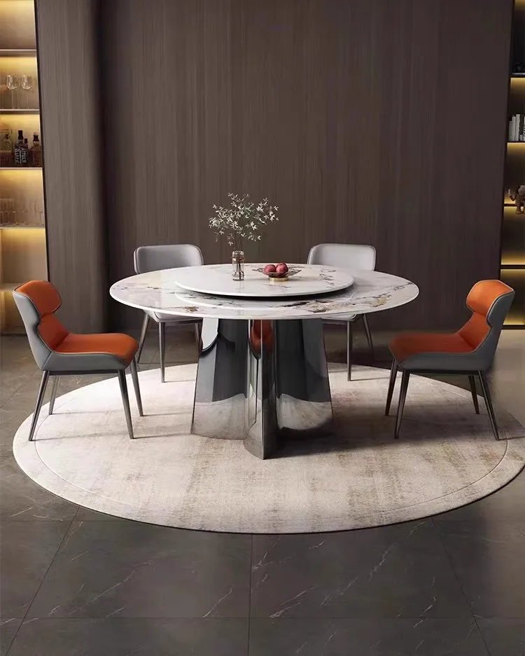 # Bespoke Modern Sintered Stone Dining Table Set with Rotating Lazy Susan Circular Metal Base 4-Seater High-end Villa Project