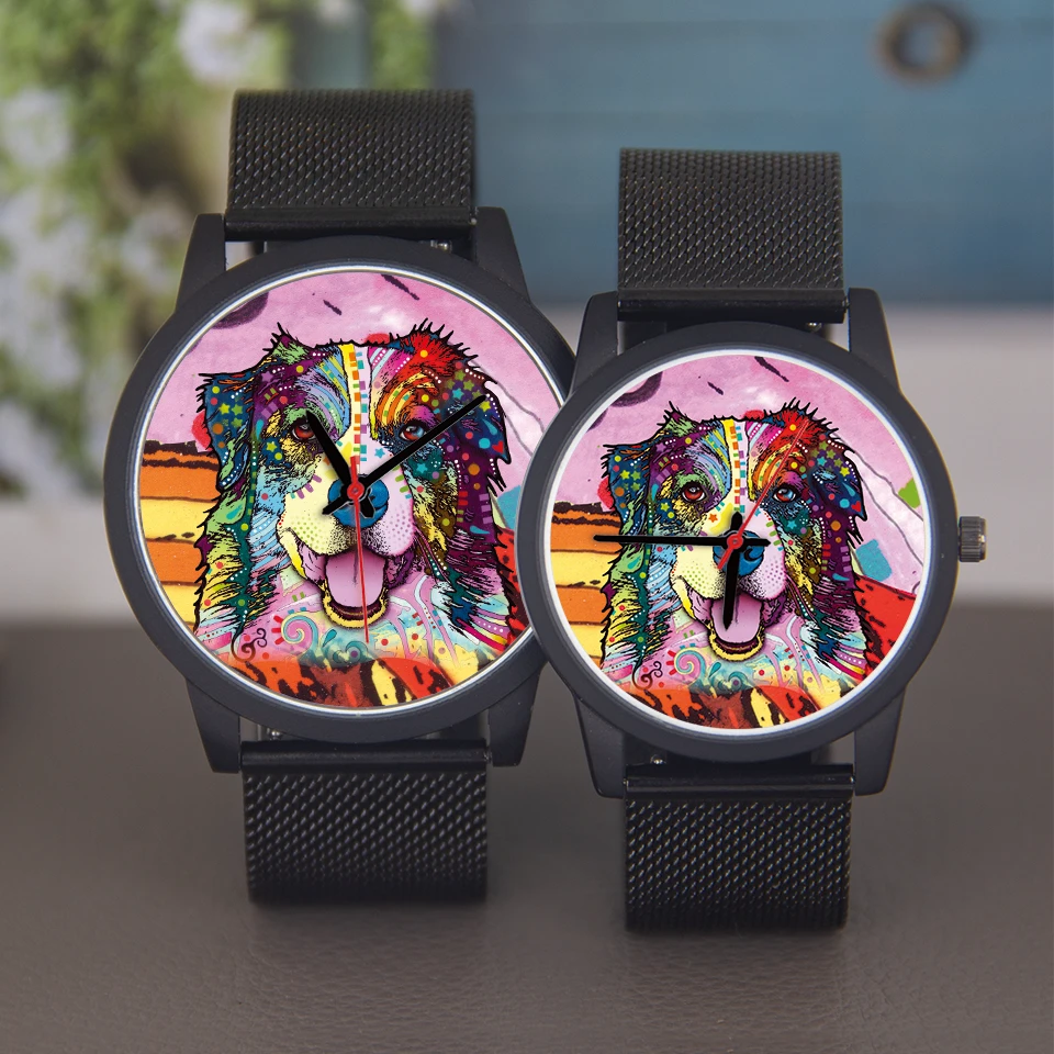 Jam Tangan Souvenir Hitam Rose Gold Custom 45/38 mm Universal untuk Pria dan Wanita, Jam Quartz Desain Anjing, Gelang Perak, Hadiah Jam