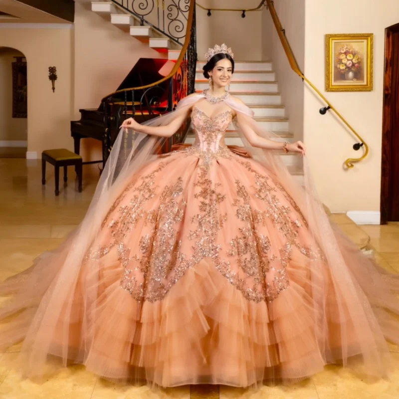 Orange épaules dénudées Quinceanera robe paillettes tulle paillettes décalcomanie dentelle superposition cristal robes de 15 Quinceanera ﻿ Personnalisé