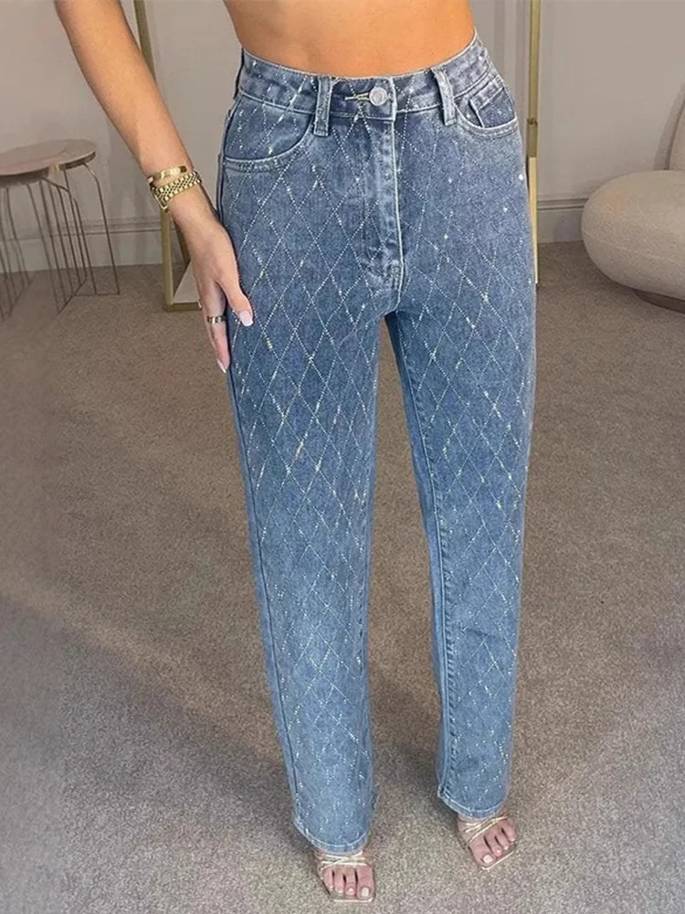 

Diamonds Argyle Plaid Jeans Women Elegant High Waist Wide Leg Trousers 2025 New Designer Denim Pants Fashion Commuting Clothes