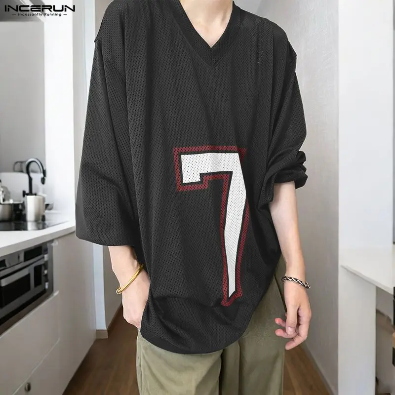 INCERUN الرجال تي شيرت الطباعة شبكة الجوف خارج الخامس الرقبة طويلة الأكمام الذكور المحملة القمم كبيرة الحجم الشارع الشهير تجريب ملابس الرجال غير رسمية